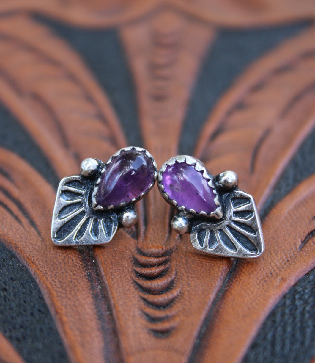 Stamped Amethyst Stud Earrings
