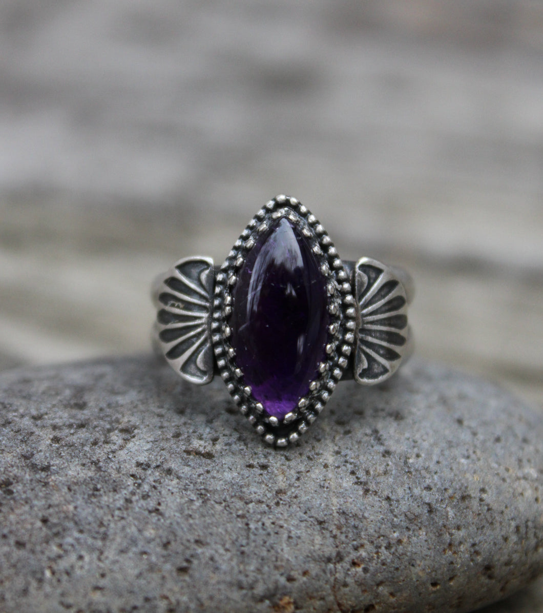 Beaded Amethyst Ring with Side Stamps