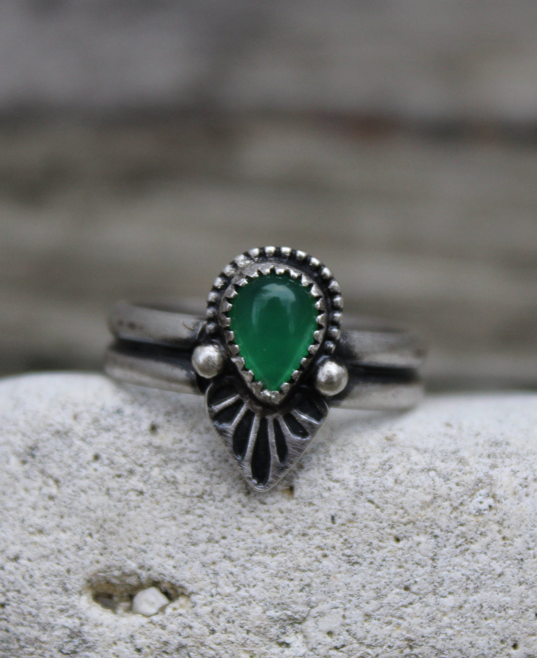 Double Banded Beaded Green Onyx Ring