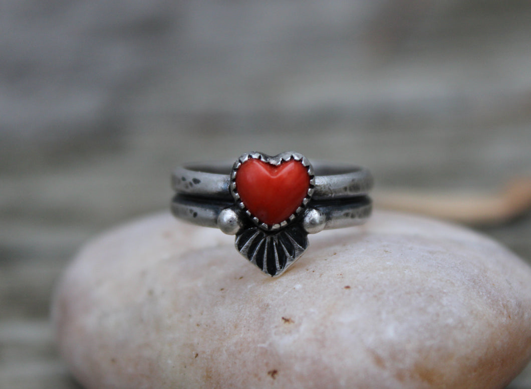 Stamped Coral Heart Ring